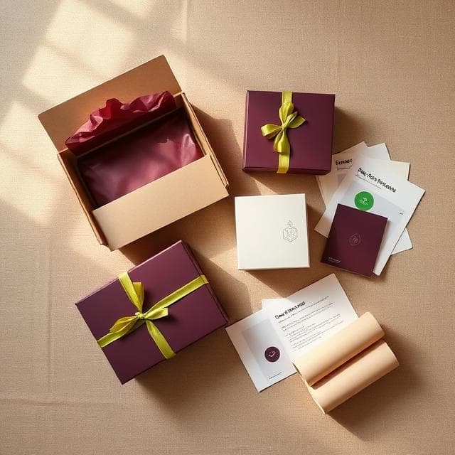 Custom plum gift boxes, mailer box, printed cards and material swatches