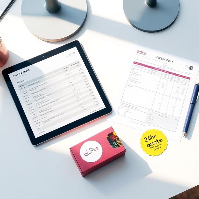 Quote desk with tablet and printed pricing proposal, custom plum packaging sample, and 24-hour quote sticker